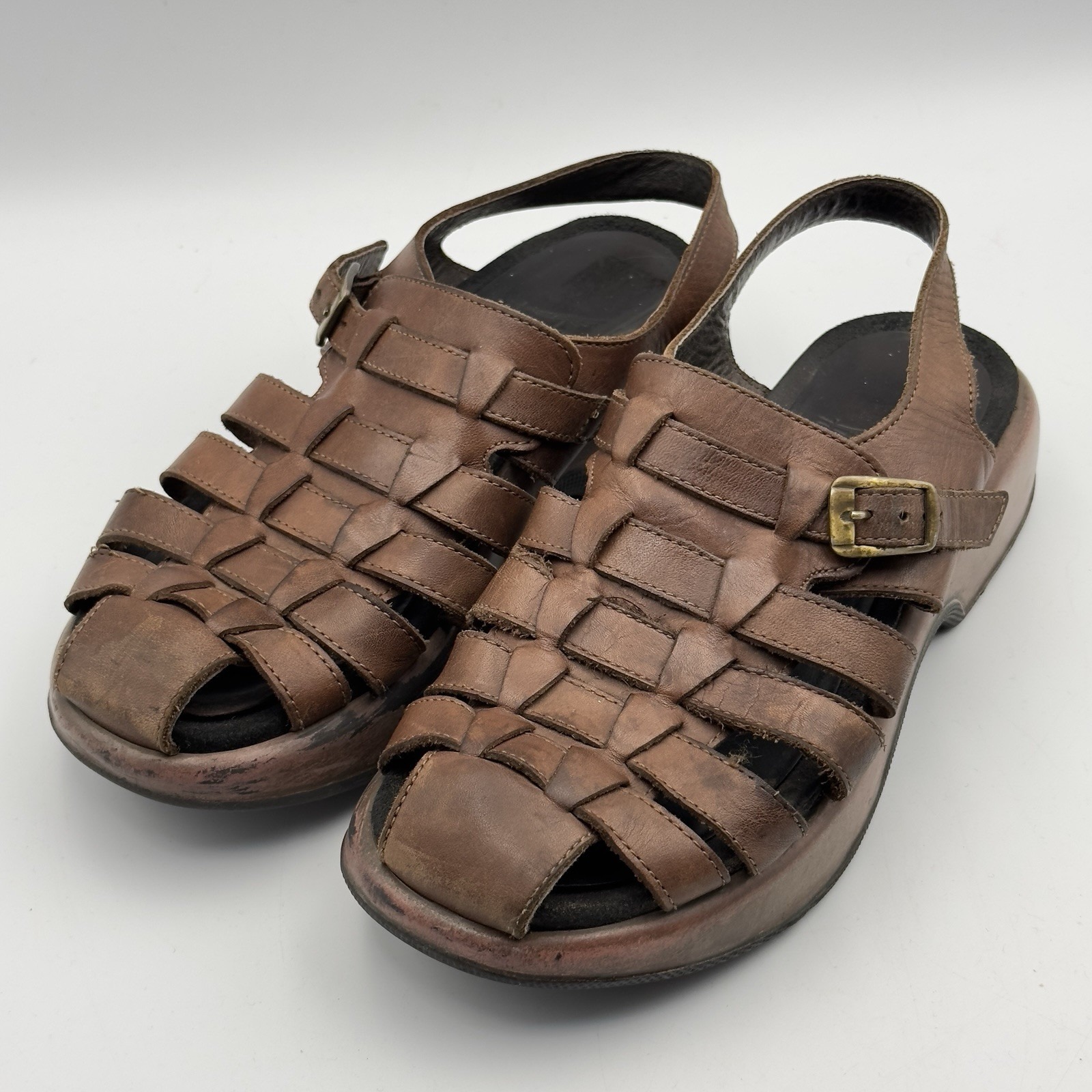 Dansko Fisherman Sandals Clogs Size 37 Brown Leather Made In Portugal